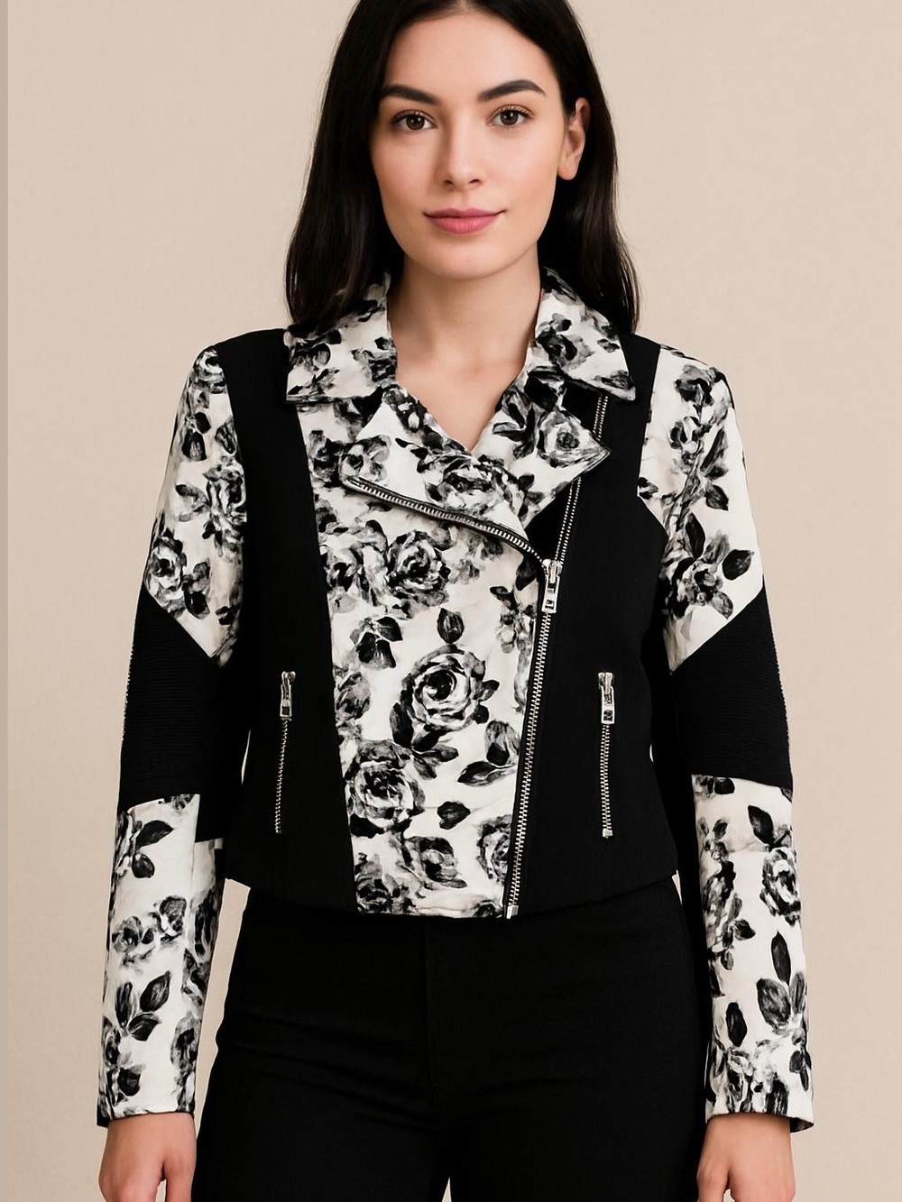 Aritzia Wilfred Black White Floral Montesson Moto Crepe Jacket - Sz 6